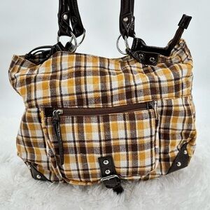 NWOT Lg Brown/Mustard/White Plaid Woven Zip Closure Multi Pocket Shoulder Bag
